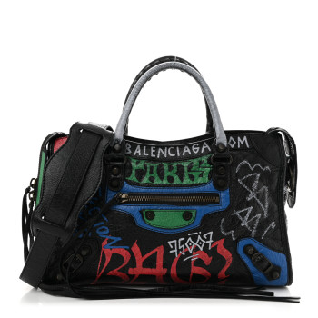 BALENCIAGA Agneau Graffiti All Over Classic Hardware S City Black Vert Rouge