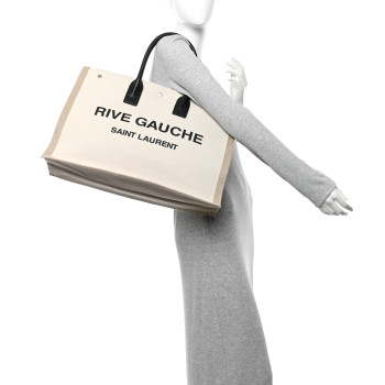 SAINT LAURENT Linen Calfskin Rive Gauche Tote Optic White
