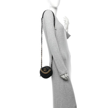 CHANEL Shiny Goatskin Quilted Chanel 19 Round Clutch With Chain Black