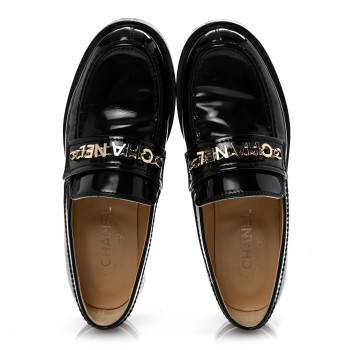 CHANEL Shiny Calfskin Logo Loafers 40 Black