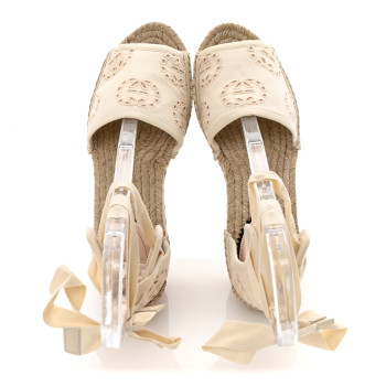 GUCCI Canvas Damita GG Eyelet Espadrille Wedge Sandals 37.5 Ivory