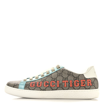 GUCCI GG Supreme Monogram Gucci Tiger Womens Ace Sneakers 37.5 Beige Blue Red