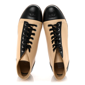 CHANEL Lambskin CC Lace Up Short Boots 40 Beige Black