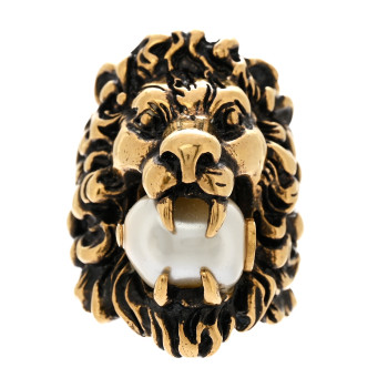 GUCCI Metal Glass Pearl Lion Head Ring 10 62 Aged Gold