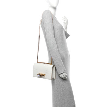 ALEXANDER MCQUEEN Shiny Calfskin Crocodile Embossed Knuckle Jeweled Crossbody White