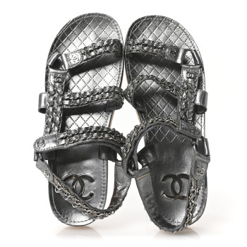 CHANEL Metallic Laminated Goatskin Chain Flat Sandals 39 Dark Silver