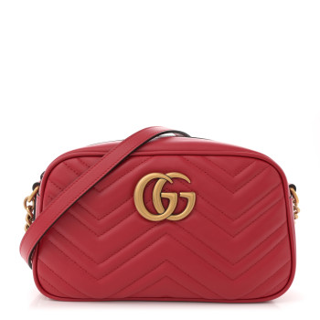 GUCCI Calfskin Matelasse Small GG Marmont Chain Shoulder Bag Hibiscus Red