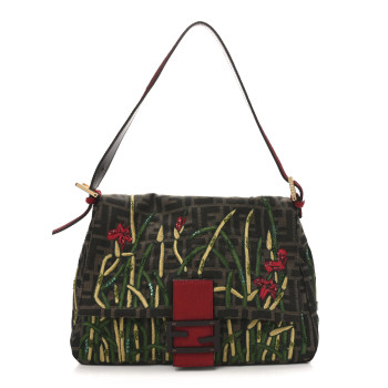 FENDI Zucca Pony Hair Embroidered Mama Baguette Tobacco Rosso