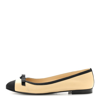 CHANEL Goatskin Cap Toe Bow CC Ballerina Flats 40 Beige Black