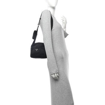 PRADA Tessuto Saffiano Pocket Double Zip Shoulder Bag Black
