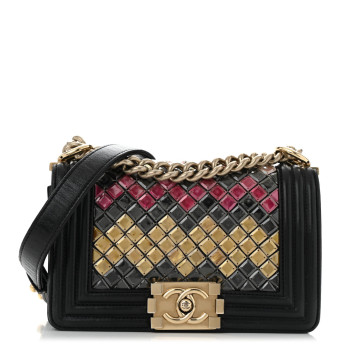 CHANEL Lambskin Tile Embroidered Small Brasserie Mosaic Boy Flap Black Multicolor