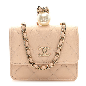 CHANEL Iridescent Caviar Quilted Pearl Card Holder On Chain Beige