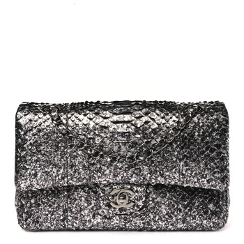 CHANEL Metallic Snakeskin Medium Double Flap Black Silver