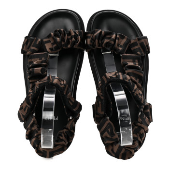 FENDI Satin FF Ruched Sandals 37.5 Tobacco Black
