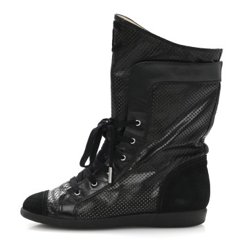 CHANEL Perforated Lambskin High Top CC Sneaker Boots 36.5 Black