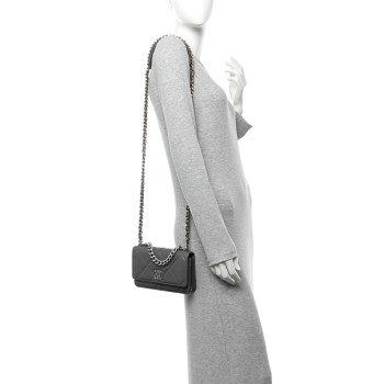 CHANEL Lambskin Quilted Chanel 19 Wallet On Chain WOC Dark Grey