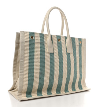 SAINT LAURENT Cotton Linen Calfskin Striped Rive Gauche Tote Water Green