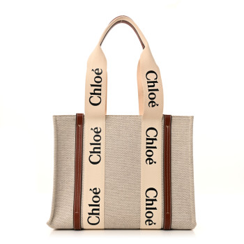 CHLOE Cotton Calfskin Medium Woody Ribbon Tote White Brown