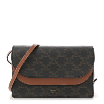 CELINE Triomphe Canvas Lambskin Wallet On Strap Tan