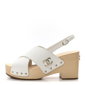 CHANEL Calfskin Studded Slingback Clog Sandals 40 White