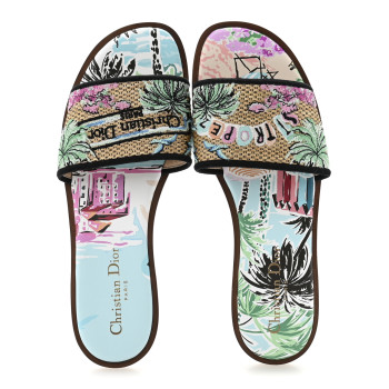 CHRISTIAN DIOR Raffia Embroidered Souvenir Saint Tropez Dway Mules Slide Sandals 38 Natural Multicolor