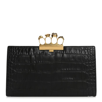 ALEXANDER MCQUEEN Calfskin Crocodile Embossed Knuckle Flat Clutch Black