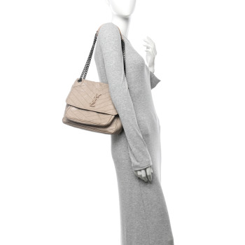 SAINT LAURENT Crinkled Calfskin Matelasse Monogram Medium Niki Chain Satchel Gold Sand
