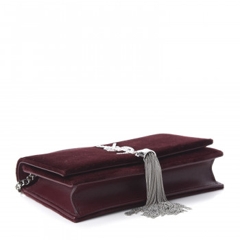 SAINT LAURENT Velvet Crystal Monogram Kate Tassel Shoulder Bag Burgundy