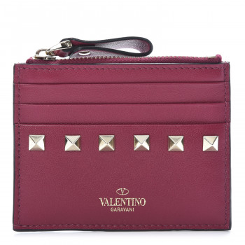 VALENTINO GARAVANI Calfskin Rockstud Coin Case Card Holder Fuchsia