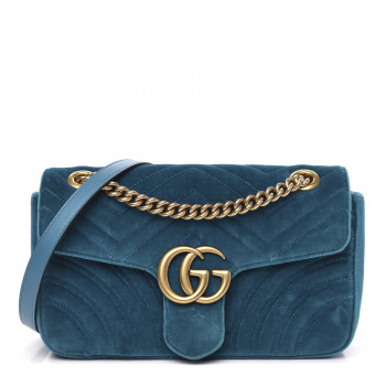 GUCCI Velvet Matelasse Small GG Marmont Shoulder Bag Pavone Cyan