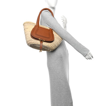 CHLOE Raffia Small Grain Calfskin Medium Marcie Basket Tan