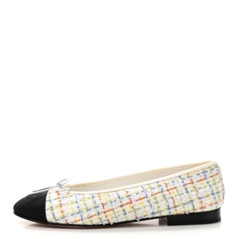 CHANEL Tweed Grosgrain Cap Toe Ballerina Flats 37.5 White Multicolor