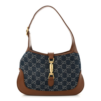 GUCCI New Denim GG Monogram Calfskin Small Jackie 1961 Hobo Blue Tea Cuir
