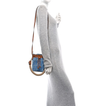 FENDI Denim Vitello King F is Fendi FF Embroidered Mini Mon Tresor Bucket Bag Denim Chiaro Brandy