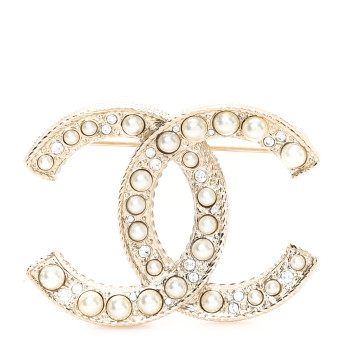 CHANEL Metal Crystal Graduated Pearl CC Brooch Gold