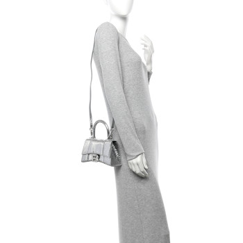 BALENCIAGA Metallic Calfskin Crocodile Embossed Crystal Hourglass Top Handle Bag XS Silver