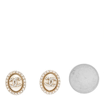 CHANEL Crystal Enamel CC Round Earrings Light Gold White