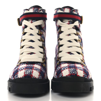 GUCCI Vintage Tweed Check Lace Up Combat Ankle Boots 41 White Hibiscus Red Marine