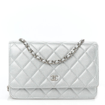 CHANEL Metallic Lambskin Quilted Wallet On Chain WOC Silver