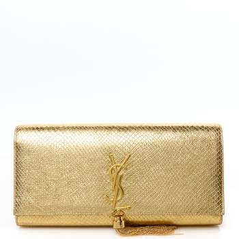 SAINT LAURENT Metallic Calfskin Snakeskin Embossed Classic Monogram Tassel Clutch Gold