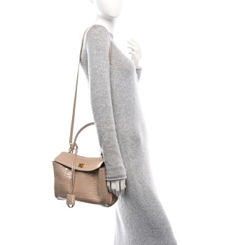 BALENCIAGA Shiny Calfskin Crocodile Embossed Small Rodeo Top Handle Handbag Nude