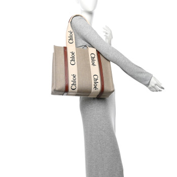 CHLOE Cotton Calfskin Medium Woody Ribbon Tote White Brown