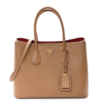 PRADA Saffiano Cuir Large Double Bag Caramel Fuoco