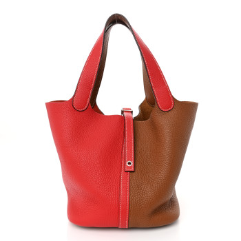 HERMES Taurillon Clemence Casaque Picotin Lock 22 MM Gold Rouge De Coeur