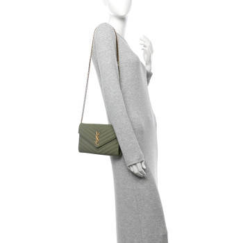 SAINT LAURENT Grain De Poudre Matelasse Chevron Monogram Chain Wallet Pistachio