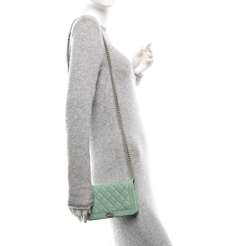 CHANEL Caviar Quilted Boy Wallet On Chain WOC Light Green