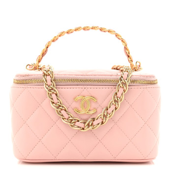 CHANEL Lambskin Quilted Small Top Handle Vanity Case With Chain Light Pink