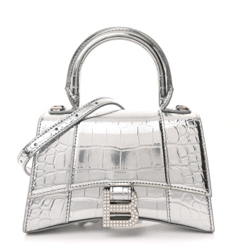 BALENCIAGA Metallic Calfskin Crocodile Embossed Crystal Hourglass Top Handle Bag XS Silver