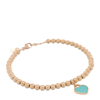 TIFFANY 18K Rose Gold Enamel 4mm Return To Tiffany Bead Heart Tag Bracelet Blue