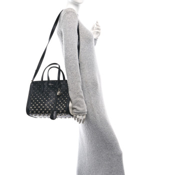 ALEXANDER MCQUEEN Calfskin Small Studded Padlock Zip Around Tote Black White